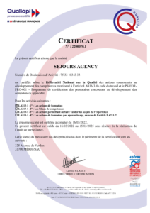CERTIFICAT QUALIOPI SÉJOURS AGENCY